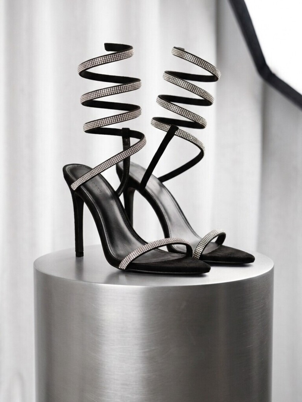 Black Crystal Spiral Wrap Stiletto Heels